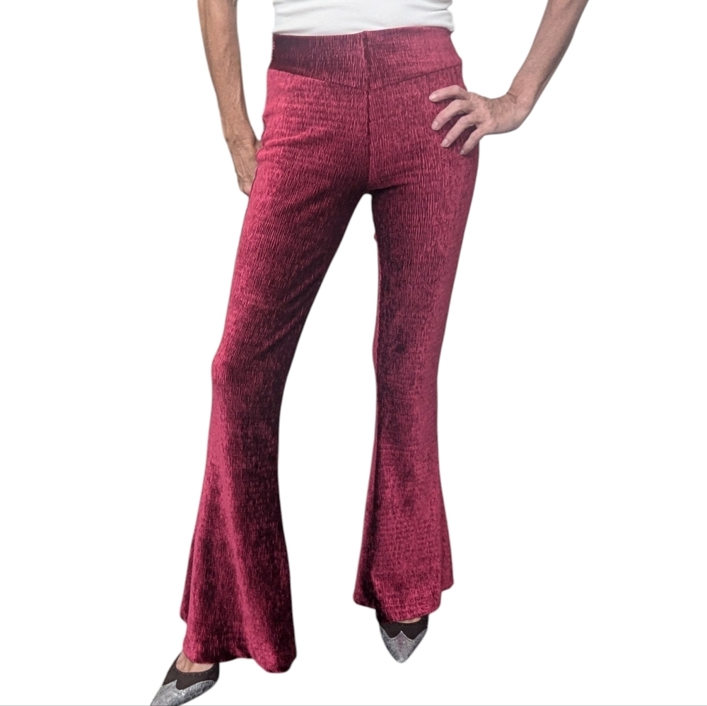 Free People Velvet Flare Pants XS Red Crushed Velour Boho Y2K Glam Retro